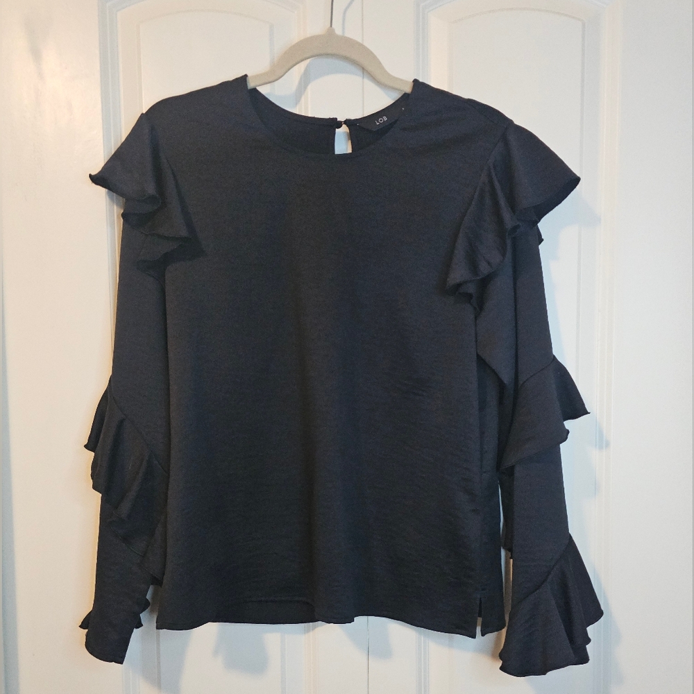 LOB Womens Black Ruffled Long Sleeve Blouse SZ L